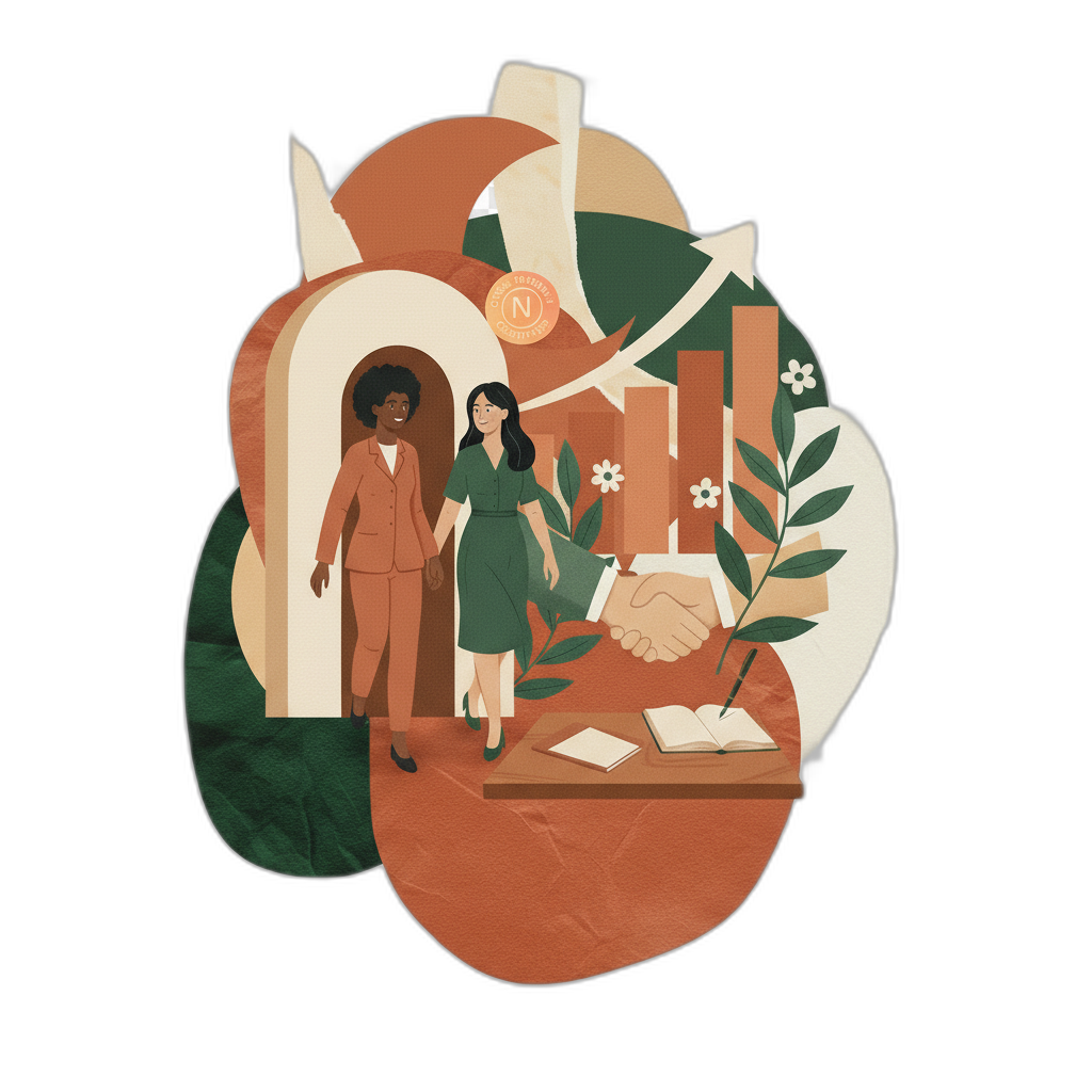 Vintage collage illustration of a thriving workplace with confident woman, rising chart, and botanical elements